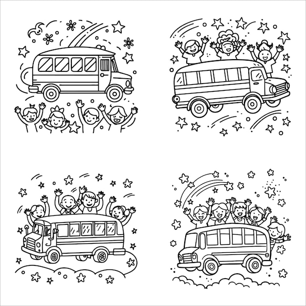 Set Of Coloring Page DoodleStyle School Bus A playful doodlestyle yellow school bus