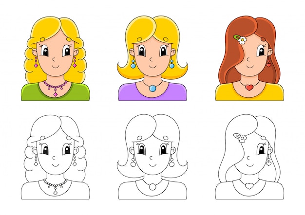 Set coloring page for kids. Cute cartoon characters.