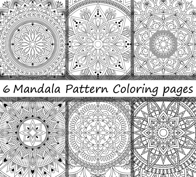 Vector set of colorless hand drawn mandala pattern. 6 coloring book pages.