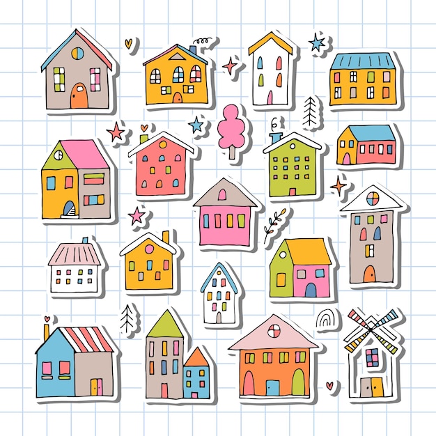 Set of coloured hand drawn houses Collection of sketched buildings Doodle style Cute stickers