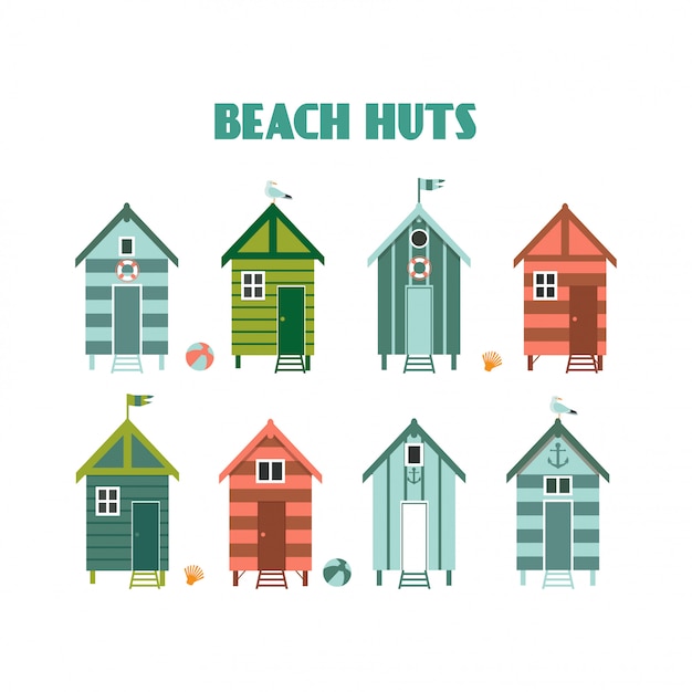 Set of colourful beach huts.