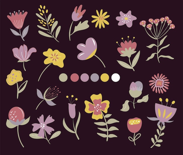 Set of colourful handdrawn fantastic flowers and leaves on a dark background Vector illustration