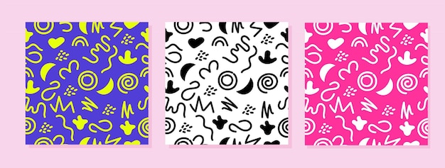 Set of colourful seamless doodle patterns with simple shapes Handdrawn minimalist vector background