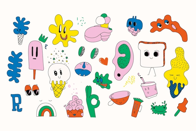 Set of colourful separate vector doodles fully editable