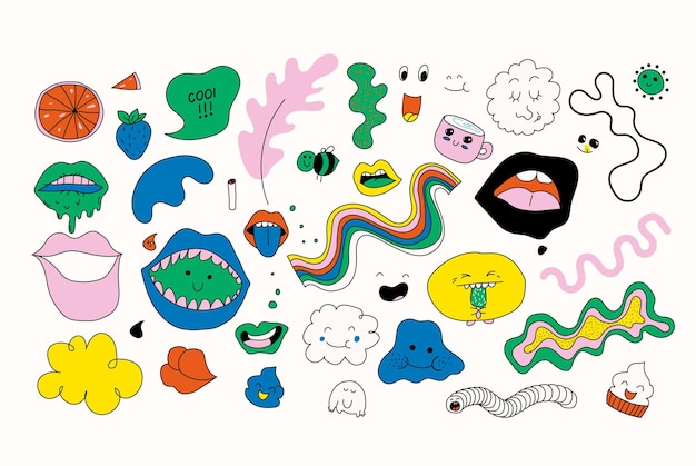 Set of colourful separate vector doodles fully editable