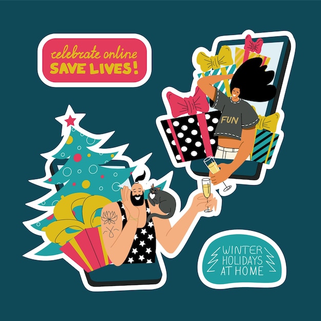 Set of colourful stickers with handwritten quotes and young smiling people celebrating Christmas