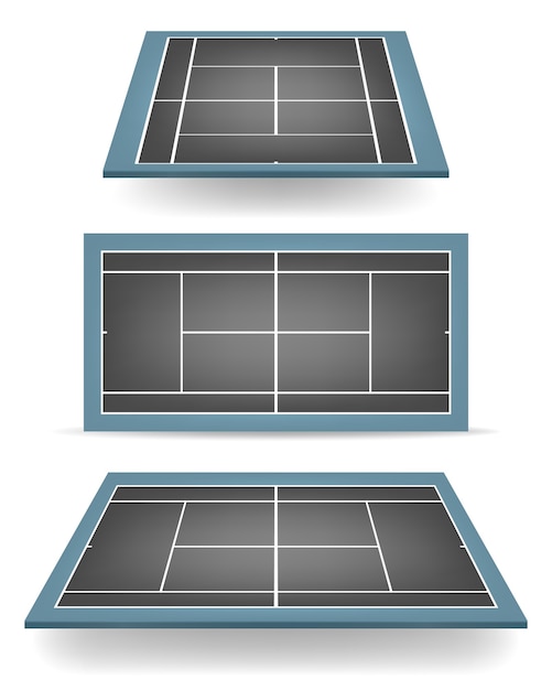 Vector set of combinated - black and blue- tennis courts with perspective.