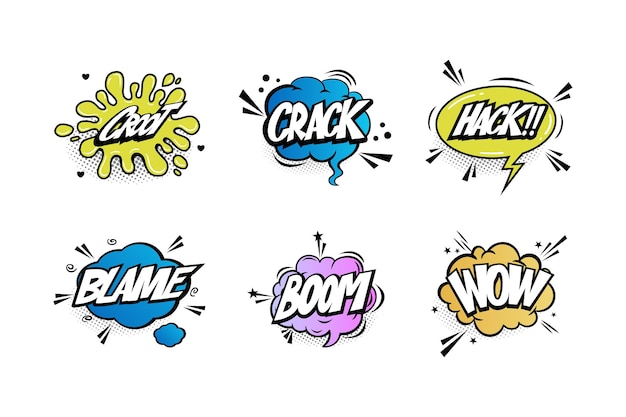 A set of comic bubbles and elements with halftone shadows