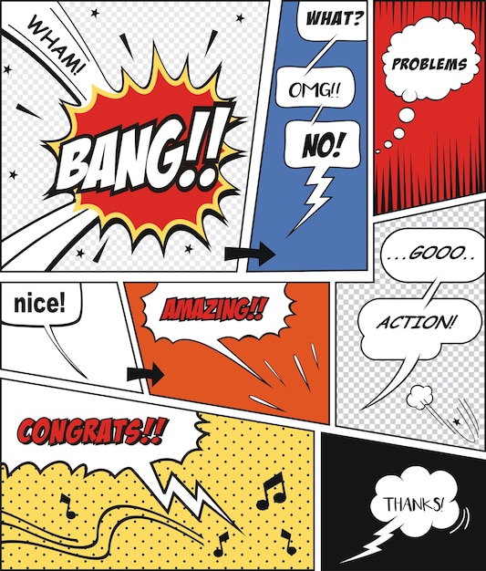 A set of comic speech bubbles and comic strip background