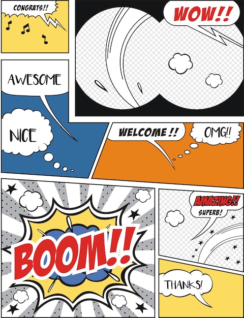 A set of comic speech bubbles and comic strip background 