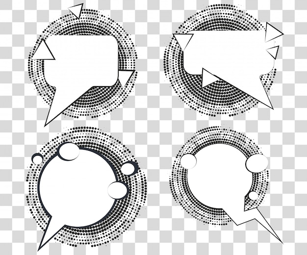 Vector set comic speech bubbles with halftone triangles shadows.