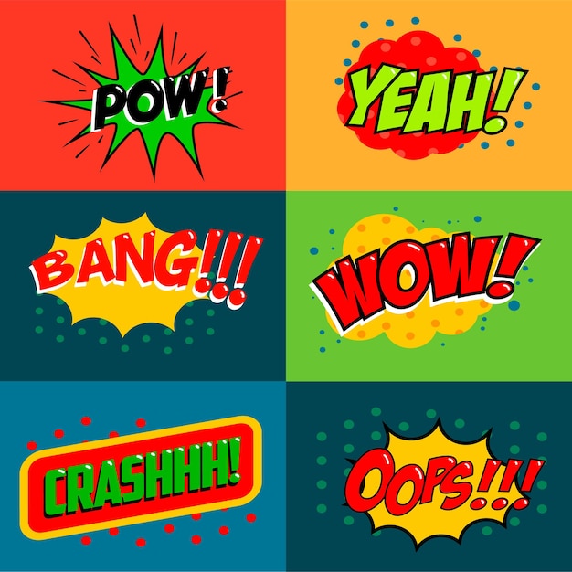 Vector set of comic style phrases on colorful background pop art style phrases set wow oops whop