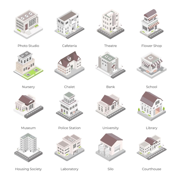 Vector set of commercial buildings isometric icons