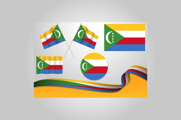 Set Of Comoros Flags In Different Designs Icon Flaying Flags With ribbon With Background Vector