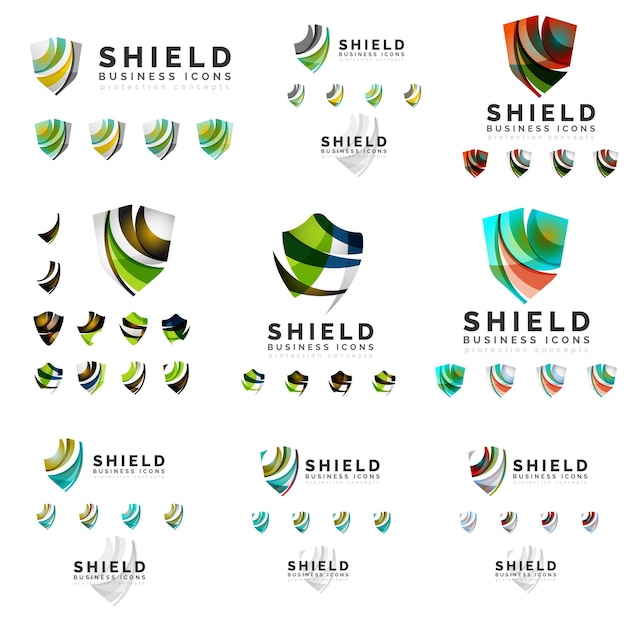 Set of company logotype branding designs shield protection concept icons