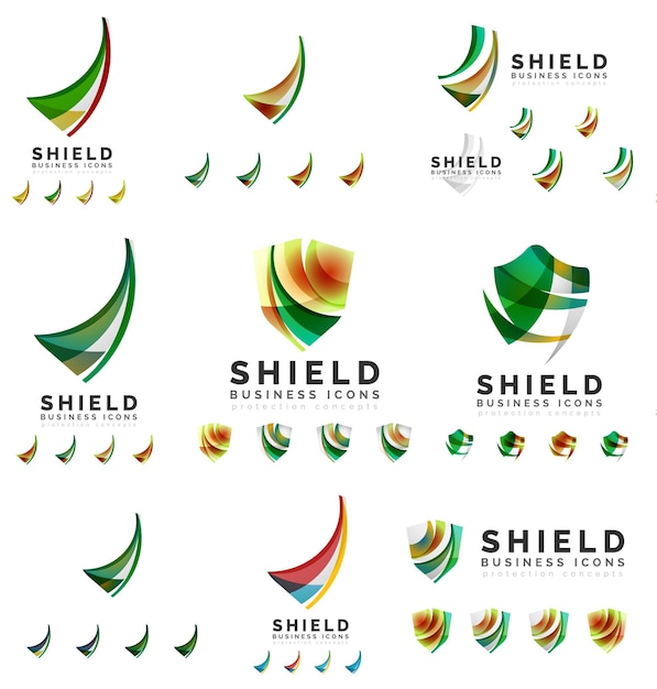 Set of company logotype branding designs shield protection concept icons