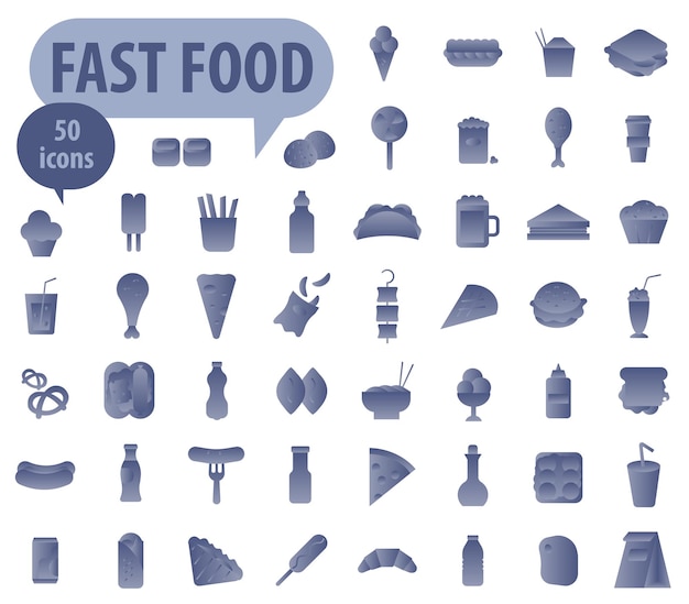 Set of complete fast food and takeaway food icons in light blue gradient Collection of food symbols