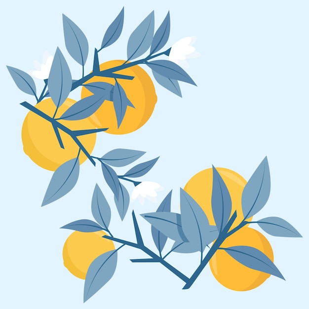 Vector set of compositions of blue branches and leaves with oranges