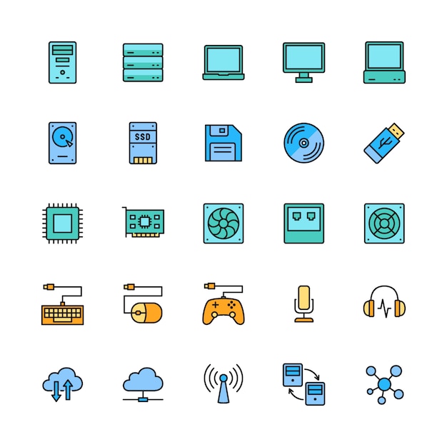 Set of Computer Components Color Line Icons. Server, Laptop, Monitor and more.