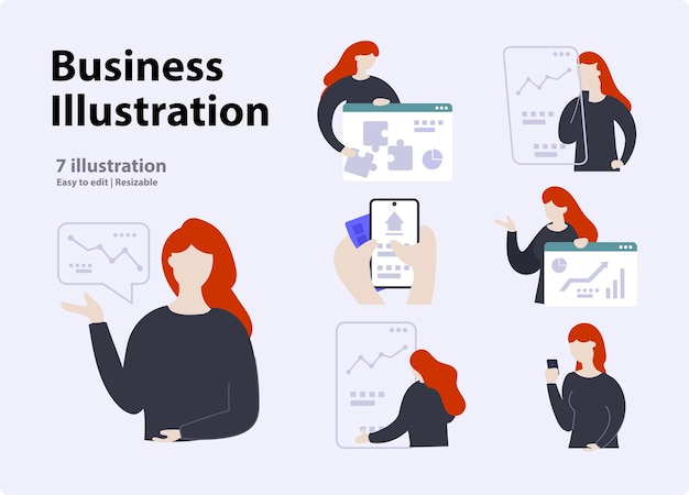 Vector set concept of business illustration scene with female character in black dress