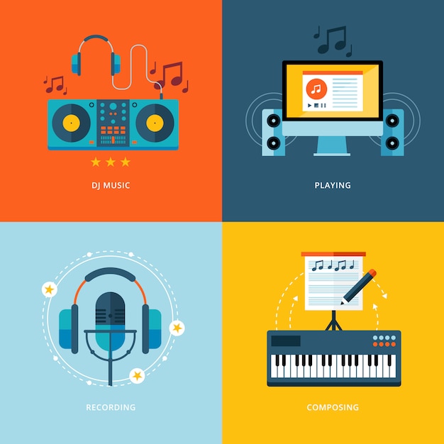 Set of   concept icons for music industry. Icons for dj music, playing, music recording, piano composing.