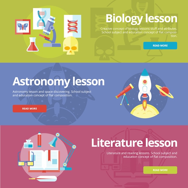 Set of   concepts for biology, astronomy, literature lessons. Concepts for web s and print materials.