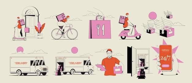 Vector set of conceptual delivery service business illustrations of delivery truck and courier guy and delivery boxes and bags in retro style isolated on beige background vector illustration