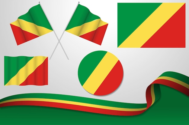 Set of Congo flags in different designs icon flaying flags with ribbon with background