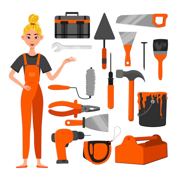 Set of construction tools and a female character. Cartoon style.