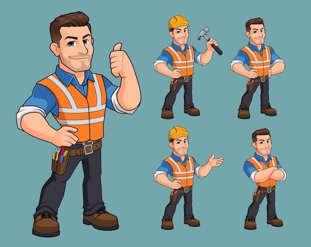 Set of construction worker mascot character design premium vector