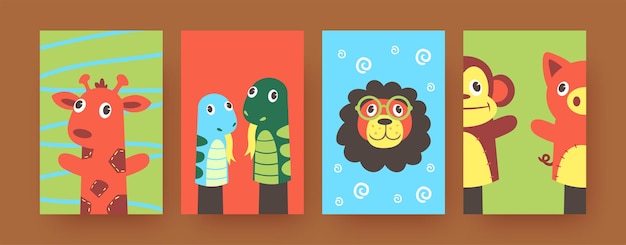 Set of contemporary art posters with cute hand sock animals