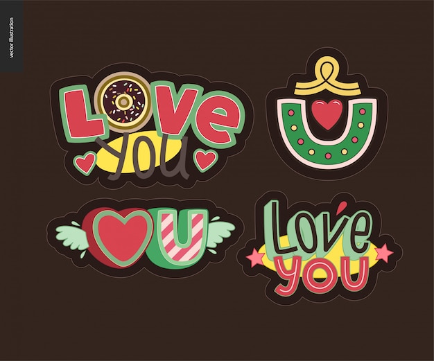 Set of contemporary girlie Love You letter logo