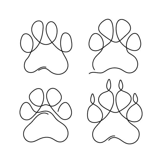 Set of continuous one line drawing illustration of a paw pad Dog paw print drawing Footprint with claw Isolated on white background