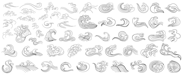 Set of contour vector elements with sea waves to create your design. Oriental style, hand drawing.