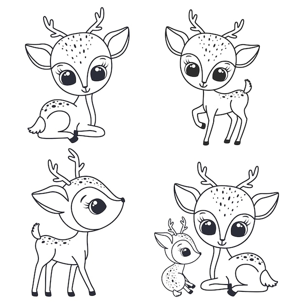 A set of contours of cute deer. Vector illustration of a cartoon.