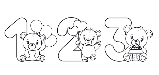 A set of contours of cute teddy bears for the birthday 123 years Vector illustration of a cartoon