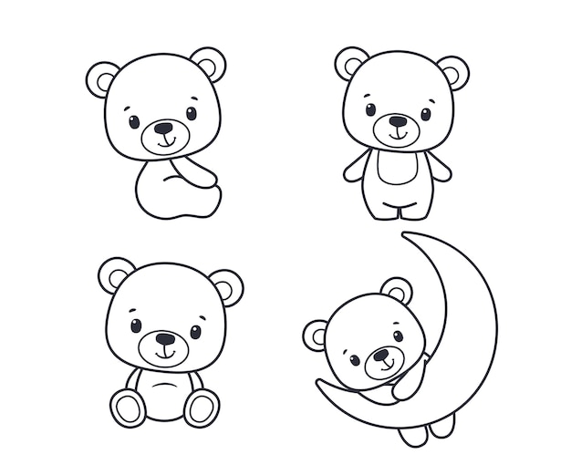 A set of contours of cute teddy bears Vector illustration of a cartoon