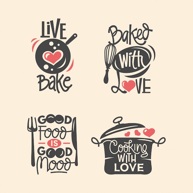 Set of cooking and kitchen quotes label, typography paper cut and lettering