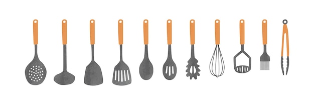 Set of cooking tools clipart watercolor vector. Skimmer, ladle, slotted spatula, spoon, pasta server