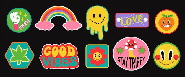 Set of cool trendy  patches pins or stickers with vector illustrations and text