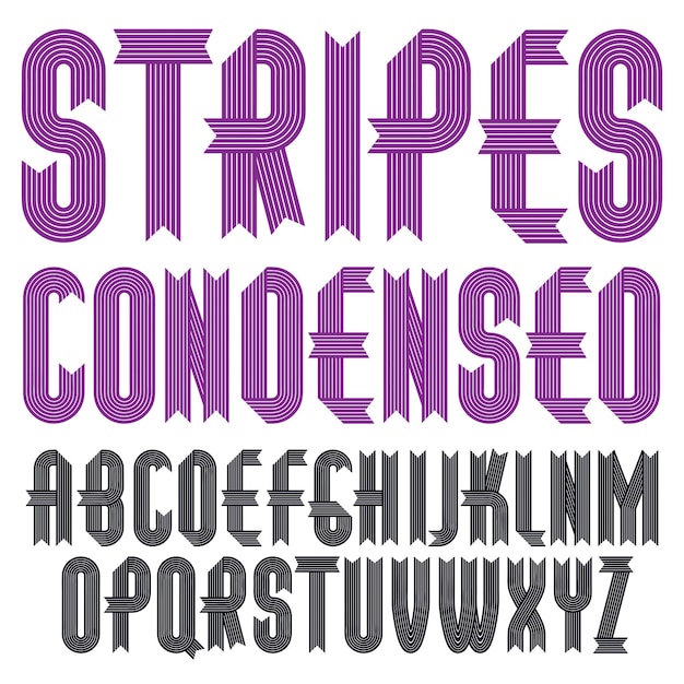 Set of cool vector upper case English alphabet letters isolated. Funky condensed bold font, typescript for use in logo design. Made with stripy decoration.