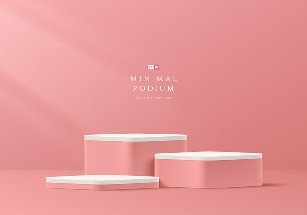 Set of coral pink and white round corner cube pedestal podium Abstract minimal scene in pastel color