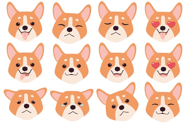 Set of Corgi dog emotions Funny Smiling and angry sad and delight dog Face of dog cartoon emoji