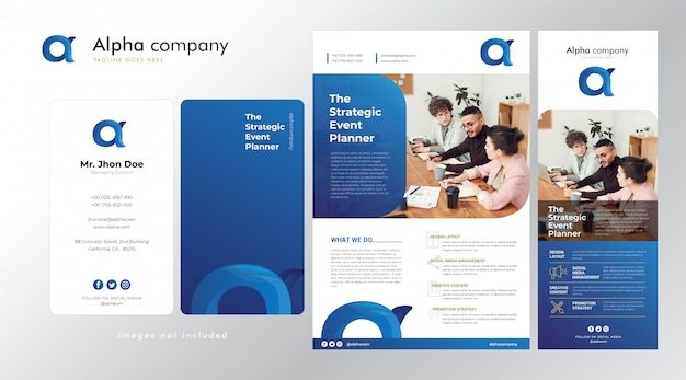 set corporate logo, business card, flyer and banner template on glossy blue