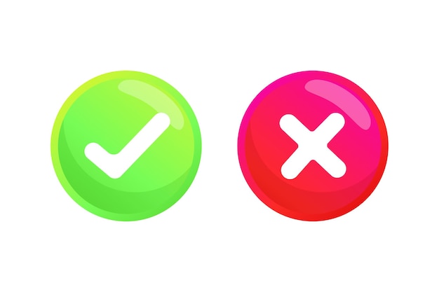 Set of correct and wrong botton icon. icon design with check mark and cross symbol useful for game element, infographic, and educational purpose