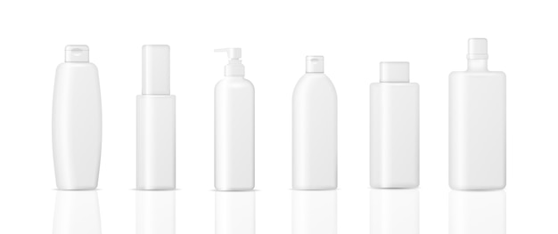 Set of cosmetic bottles isolated on a white background. Package collection for cream, soups, foams, shampoo. Realistic 3d of cosmetic packaging.