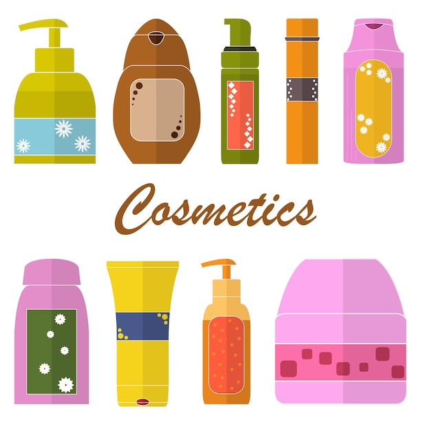 Set of Cosmetic tubes. Flat icons.  Packaging of shower gel, shampoo, soap, cream. Cosmetic bottles. Design for a cosmetics store or Spa. Bright colors. Vector illustration.