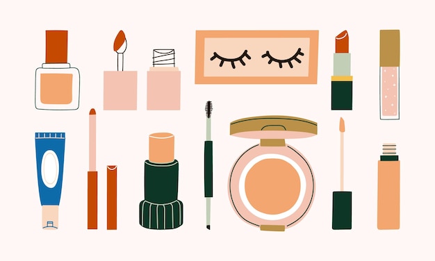 Set of cosmetics makeup with foundation, lip tint, artificial eyelash, lipstick, lip gloss, lip liner, concealer, brow pencil, cushion, and concealer illustration.