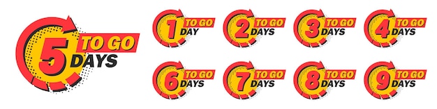 Set of countdown 1 to 9 left days with arrow and halftone in a flat design Announcement icons for promotion