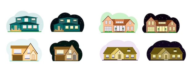 A set of country houses day and night Flat design